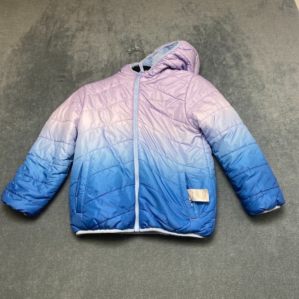 Eddie Bauer Reversible Fleece Puffer Jacket Girls Small Blue Purple Full Zip